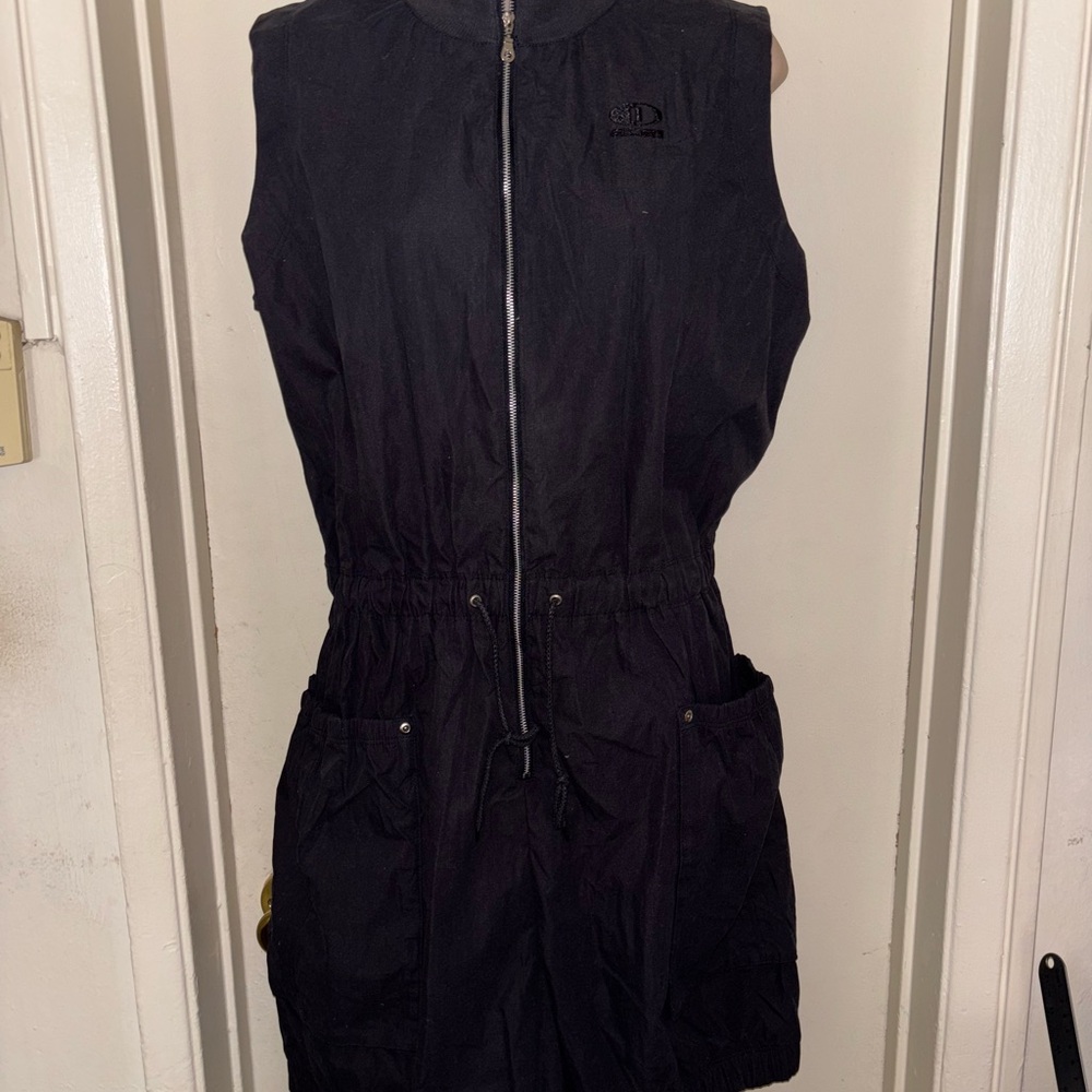 Side 1. Black Zip-Up Short Sleeveless Jumpsuit. Size L